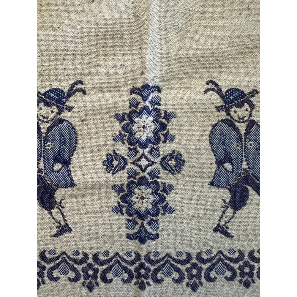 Vintage Blue White Folk Art Woven Tablecloth Lace Trim Bavarian Alpine Figures